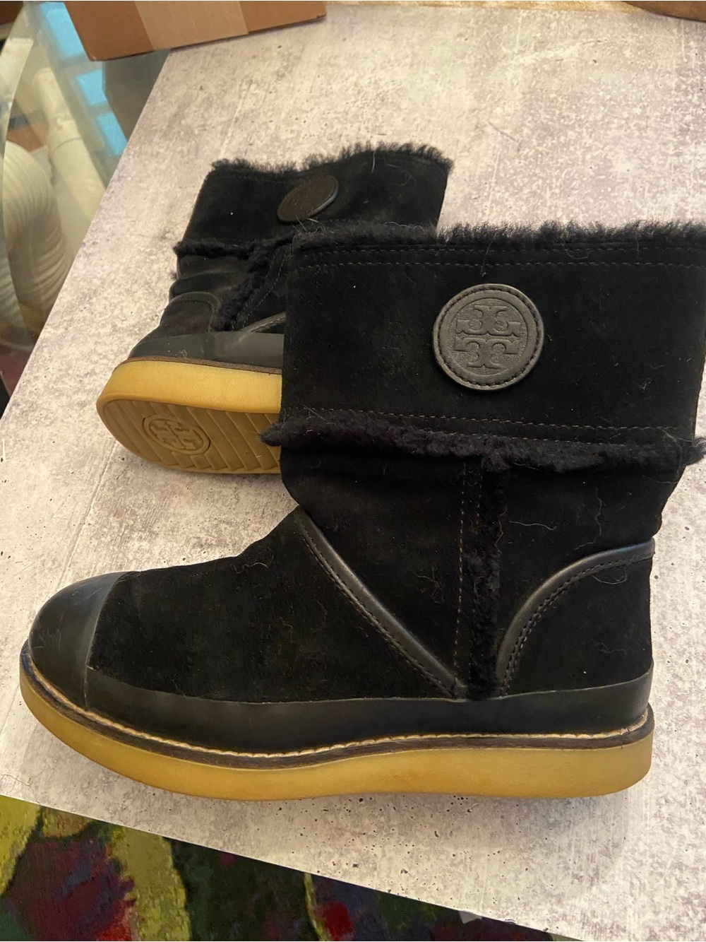 Tory Burch Suede & Shearling Amelie Black Leather Boots
